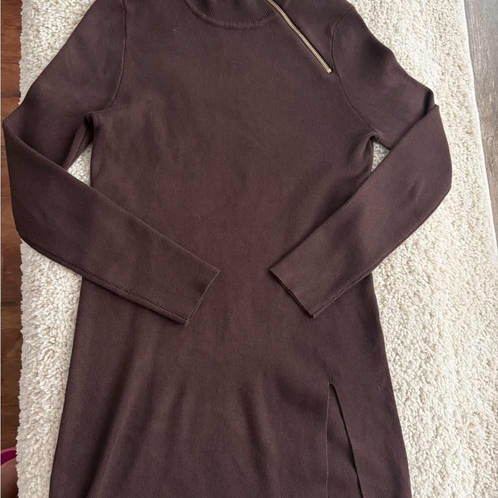 Cable & Gauge Brown Mock Neck Sweater Dress M Fall Minimalist Long Sleeve Knit - Picture 2 of 4